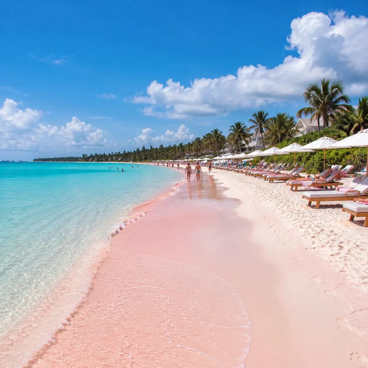 Pink Sands Beach Harbour Island Bahamas with upscale resort loungers and calm pastel water, refined but busy beach scene