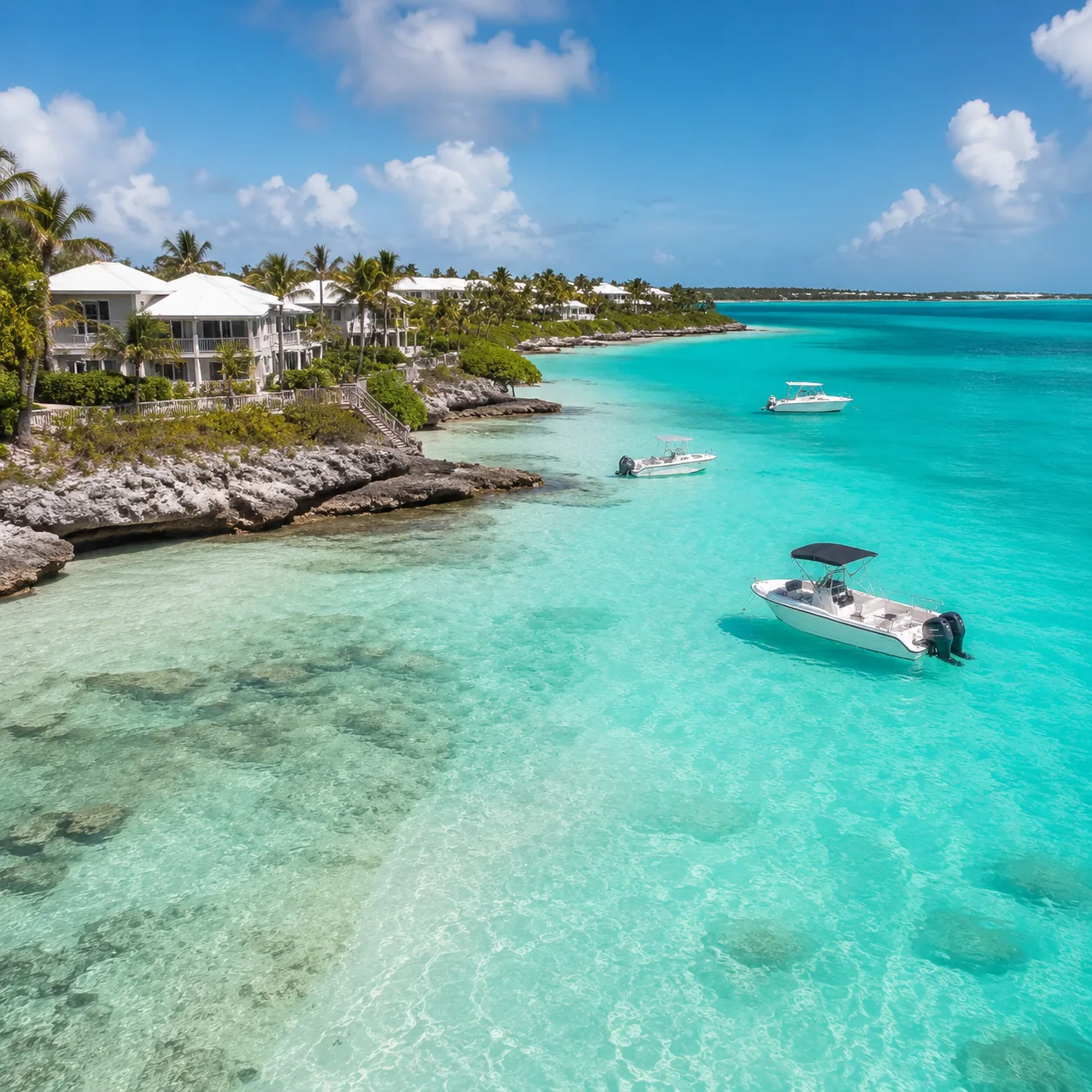 Great Exuma Bahamas shoreline with bright turquoise water, rental boats, resort villas, limestone shallows