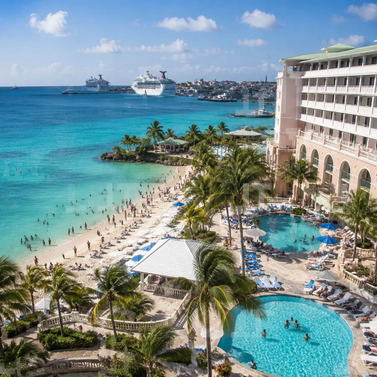 Historic downtown Nassau beachfront hotel with a small private beach, two pools, cruise ships visible in the distance, s