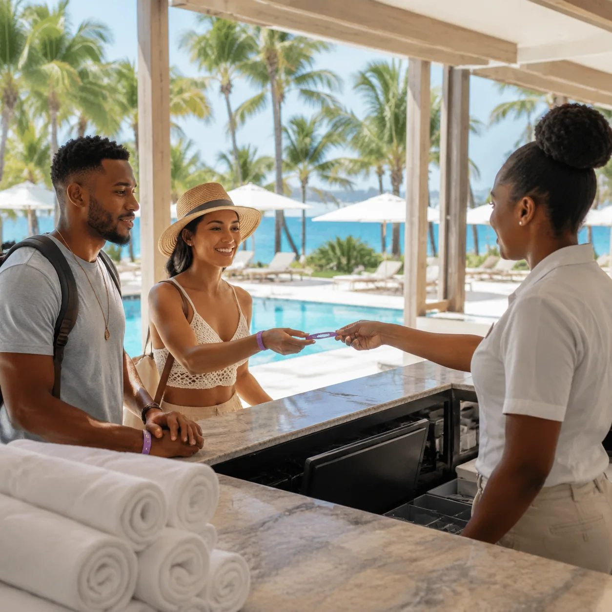 Day visitors checking in at a Nassau all-inclusive resort front desk, wristbands being handed out, beach towels and pool
