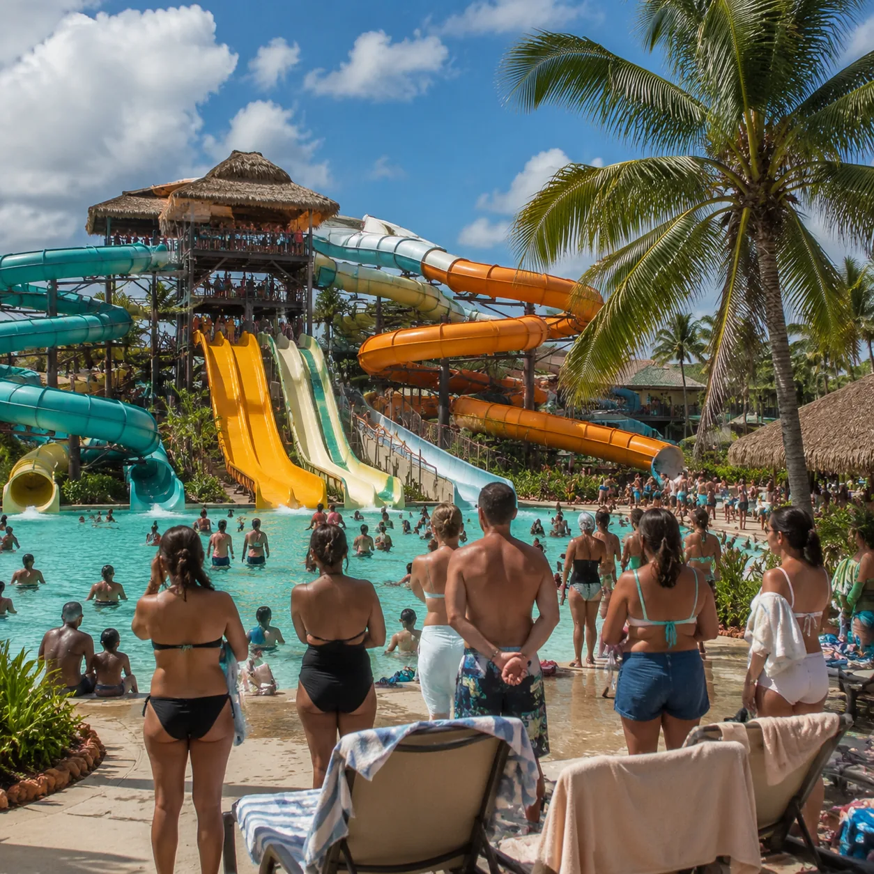Square photo of a large Punta Cana family all-inclusive waterpark resort, busy slides, parents waiting with towels, crow