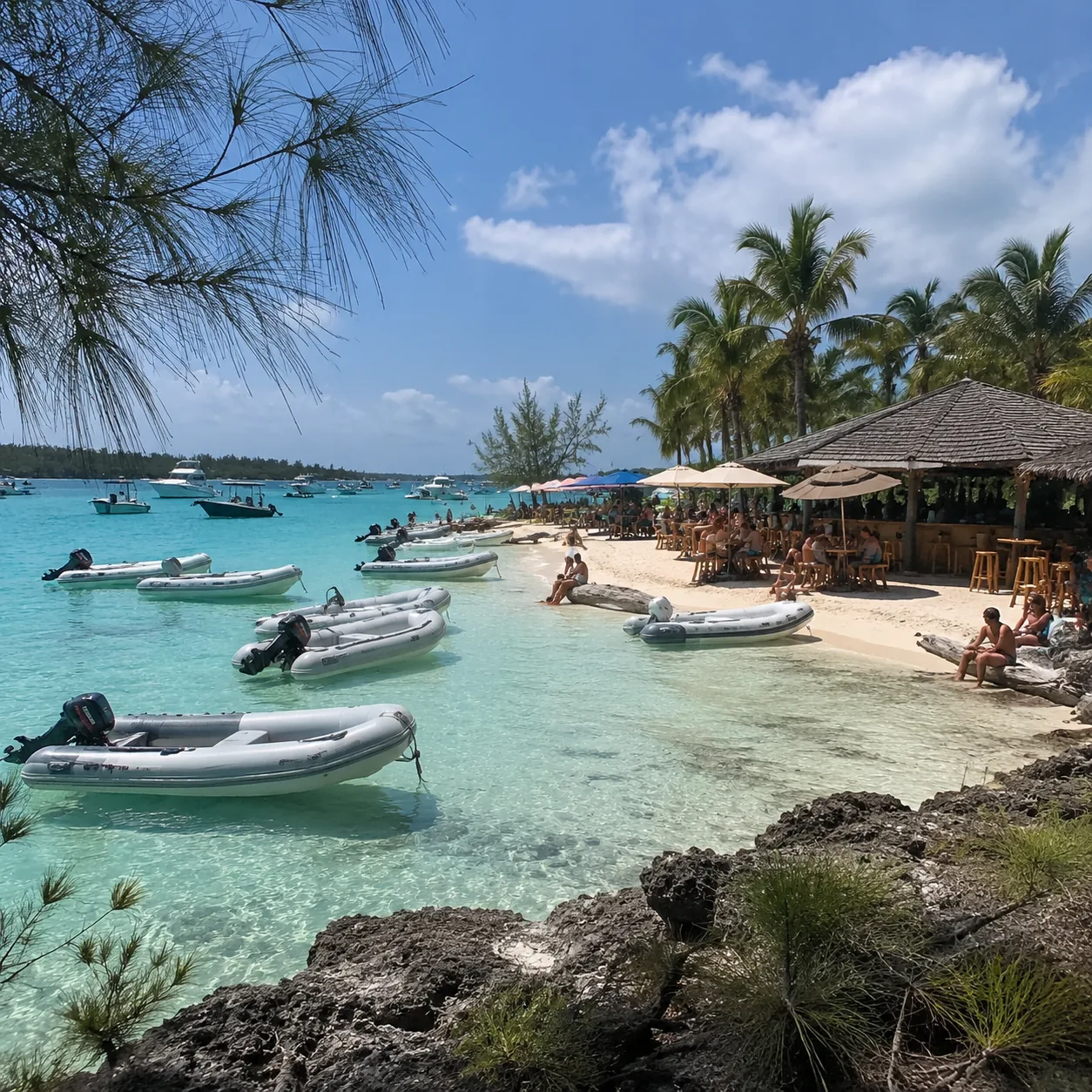 Stocking Island Exuma Bahamas with beach bar, anchored dinghies, calm clear bay, relaxed but busy boating scene
