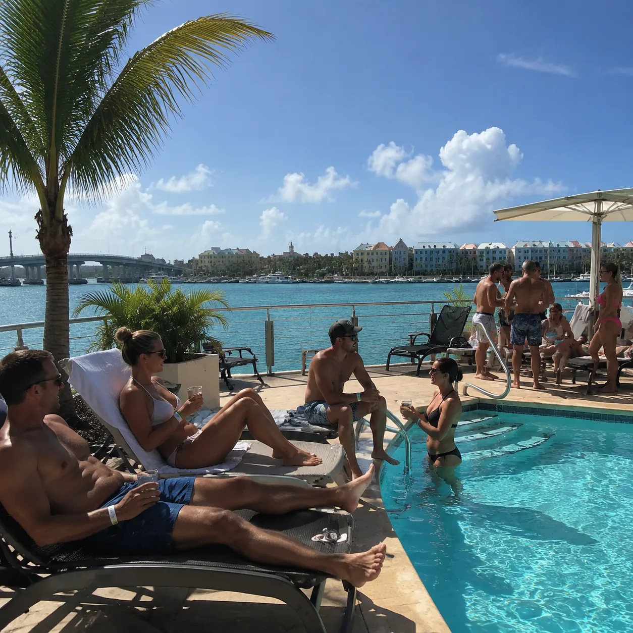Adults-only resort day pass pool scene on Paradise Island Bahamas, harbor lagoon, wristband guests, compact pool deck