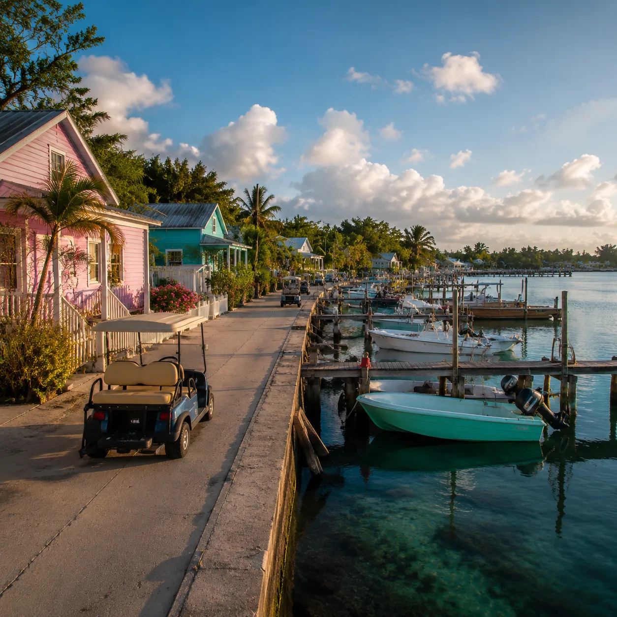 Spanish Wells Bahamas pastel cottages, golf carts, working fishing docks, calm harbor, late afternoon realistic light