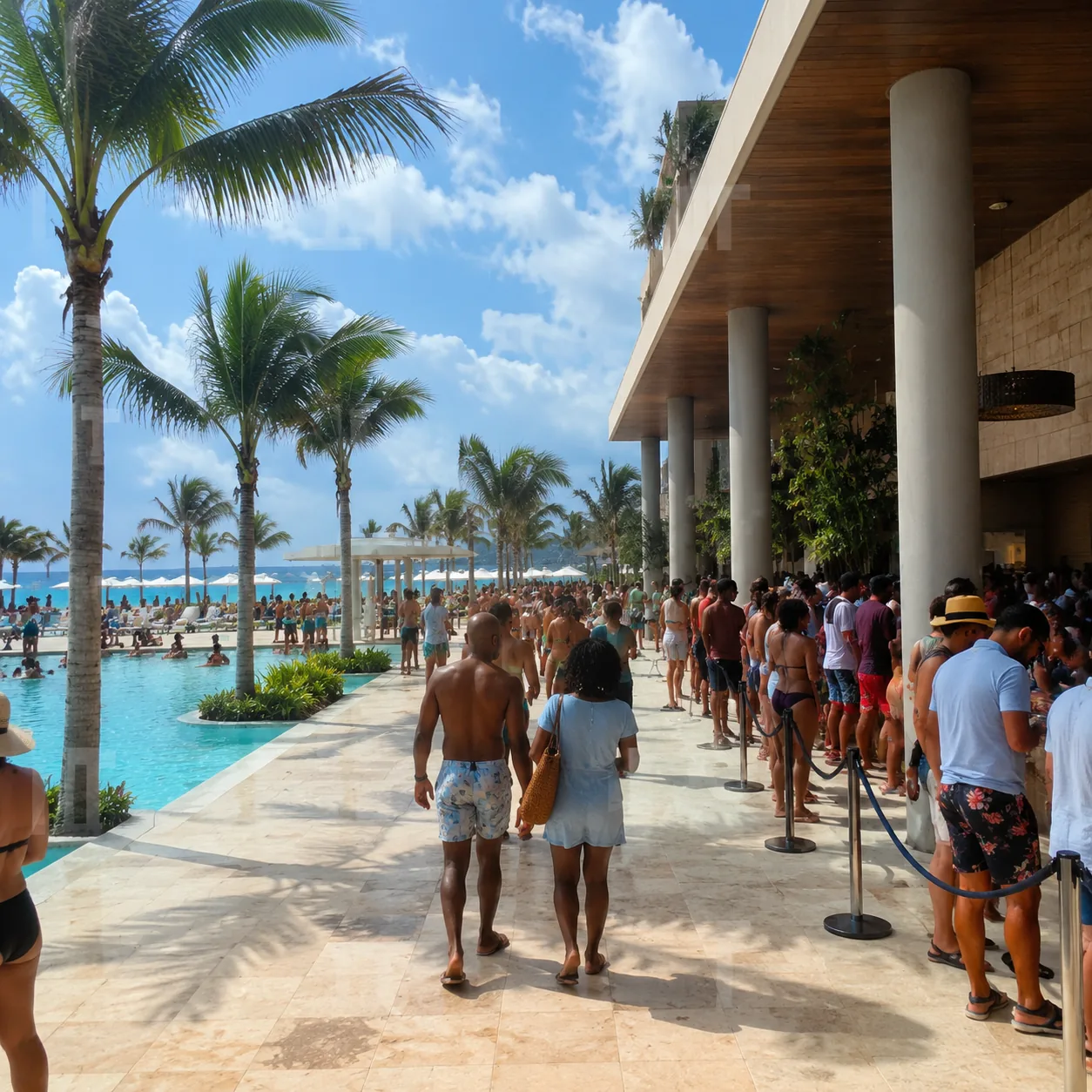 Square editorial travel photo of a newer Jamaica all-inclusive resort with a large modern pool, crowded walkway, distant