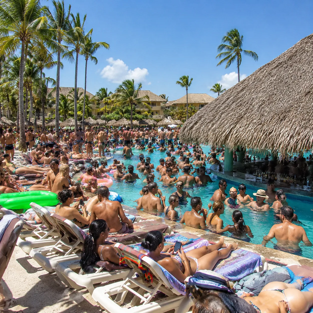 Square editorial travel photo of a very crowded Punta Cana family all-inclusive pool complex, cheap plastic loungers, bu