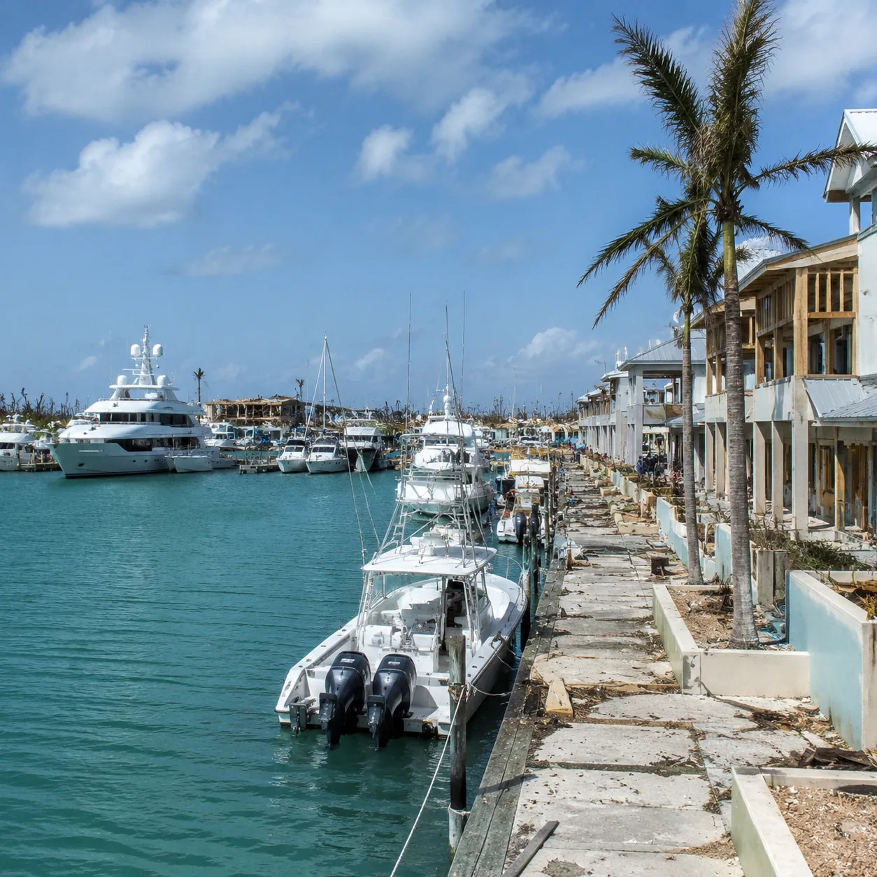Marsh Harbour Great Abaco Bahamas marina with boats, rebuilding waterfront, practical island town atmosphere