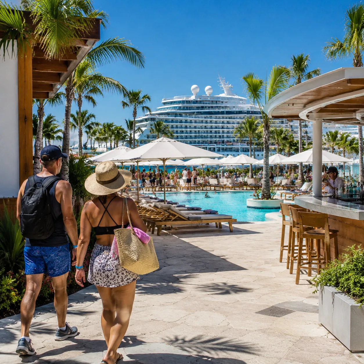 New Nassau beach club on Paradise Island Bahamas, bright pool, rows of loungers, bar area, cruise ship passengers arrivi