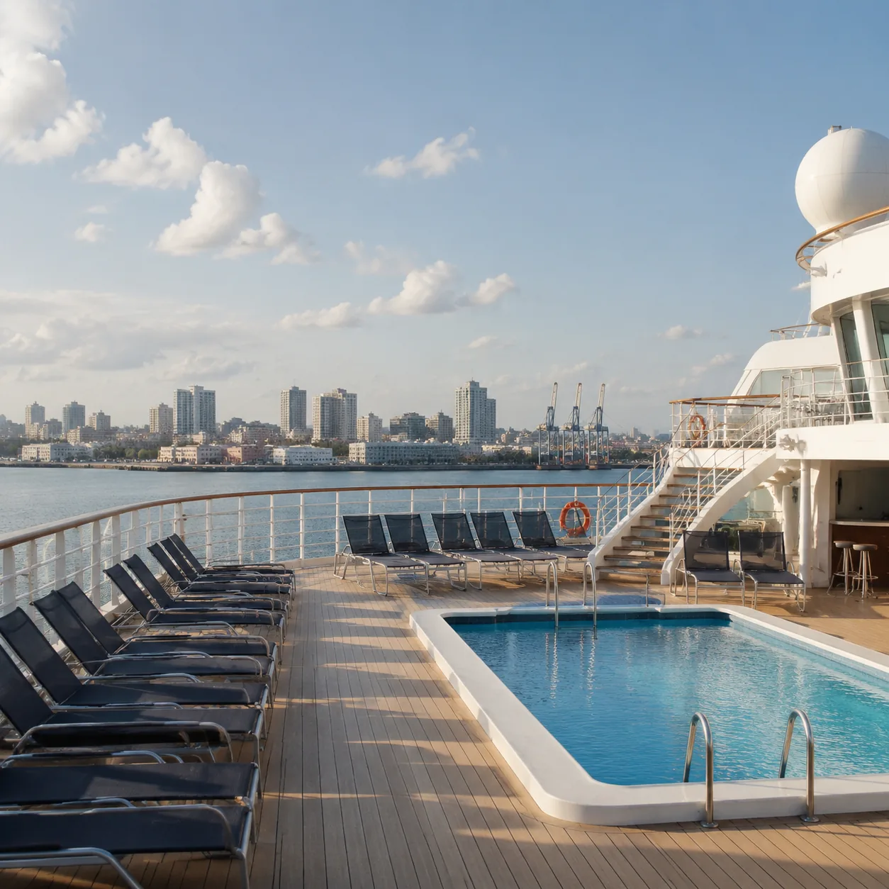 Realistic editorial photo of a quiet cruise ship spa thermal suite with loungers, towels, and ocean view through large w