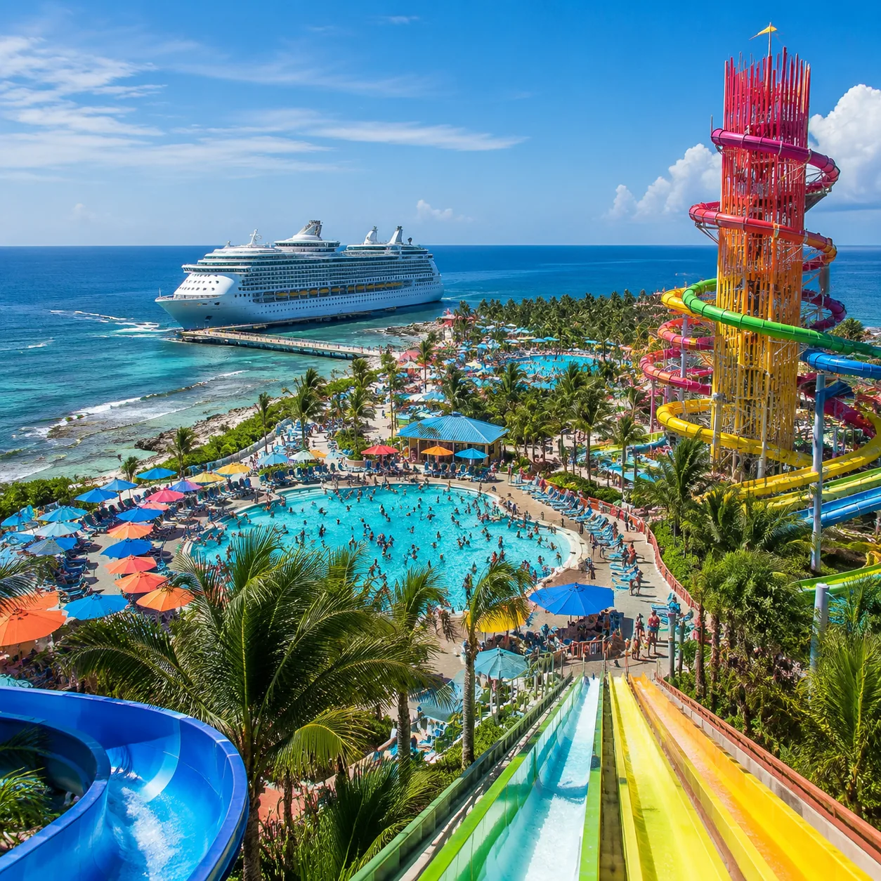 Royal Caribbean private island in the Bahamas with giant waterslides, crowded pool, cruise ship docked nearby, bright ma