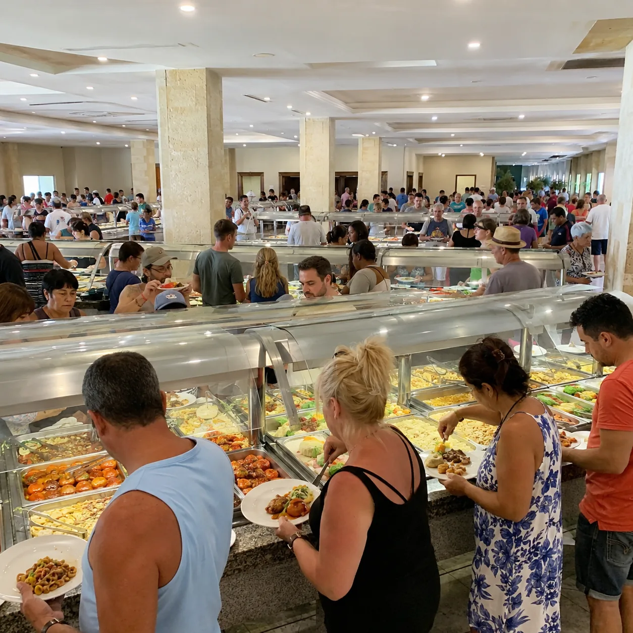Square photo of a huge Punta Cana all-inclusive buffet dining room with crowded serving stations, fluorescent lighting, 