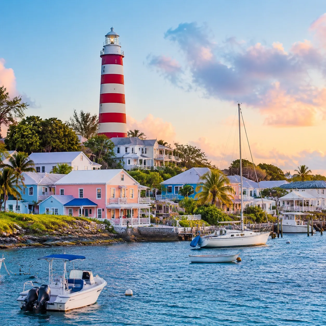 Elbow Cay Hope Town Bahamas with candy striped lighthouse, pastel houses, harbor boats, warm island light