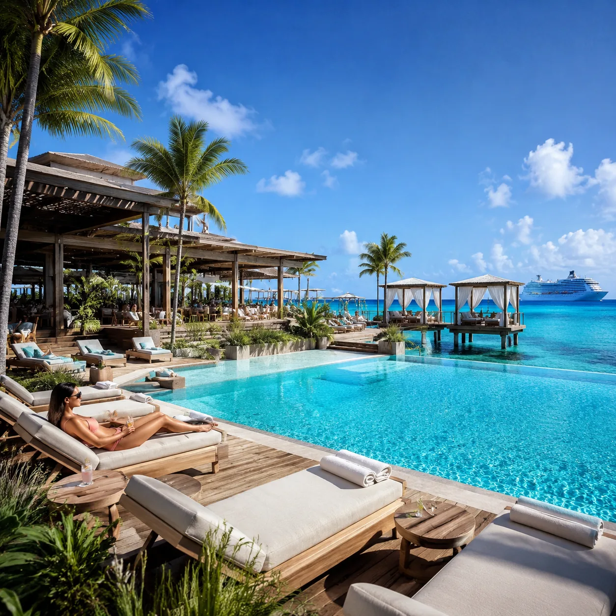 Exclusive beach club in the Bahamas with infinity pool, overwater cabanas, private restaurant, cruise passengers in luxu