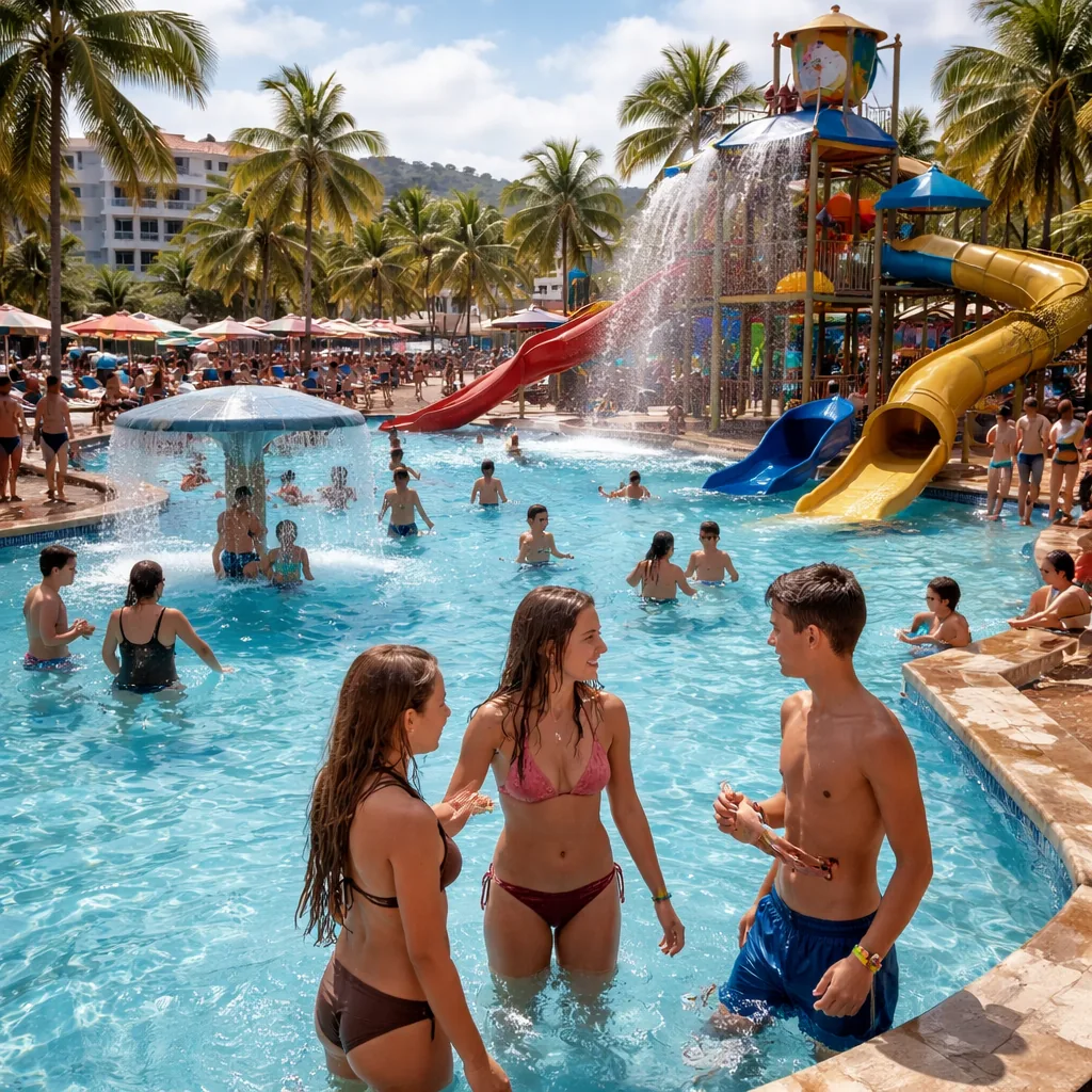 Square editorial travel photo of a worn Montego Bay family resort pool with waterpark features, teenagers, wristband gue
