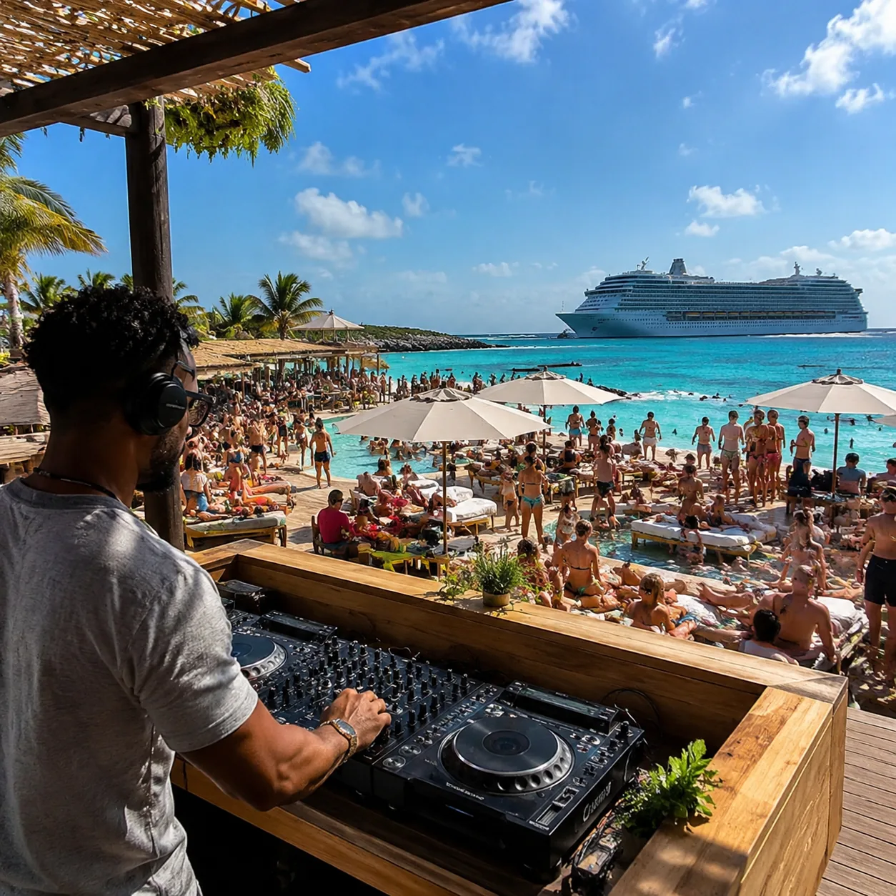 Adults-only beach club area on a Bahamas cruise island, DJ booth near pool, crowded loungers, bright cocktails, cruise s