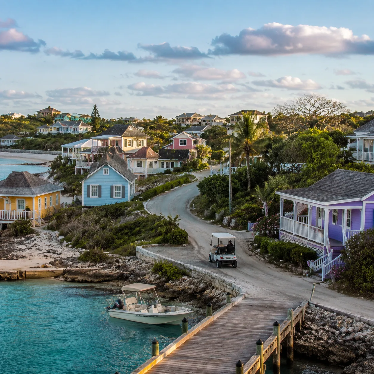 Green Turtle Cay Abaco Bahamas quiet settlement with colorful cottages, small harbor, golf cart road, soft afternoon lig
