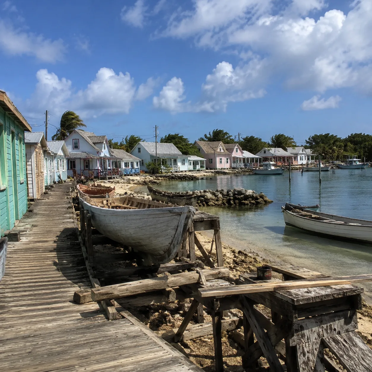 Man-O-War Cay Abaco Bahamas boatbuilding dock, modest cottages, calm harbor, traditional island atmosphere