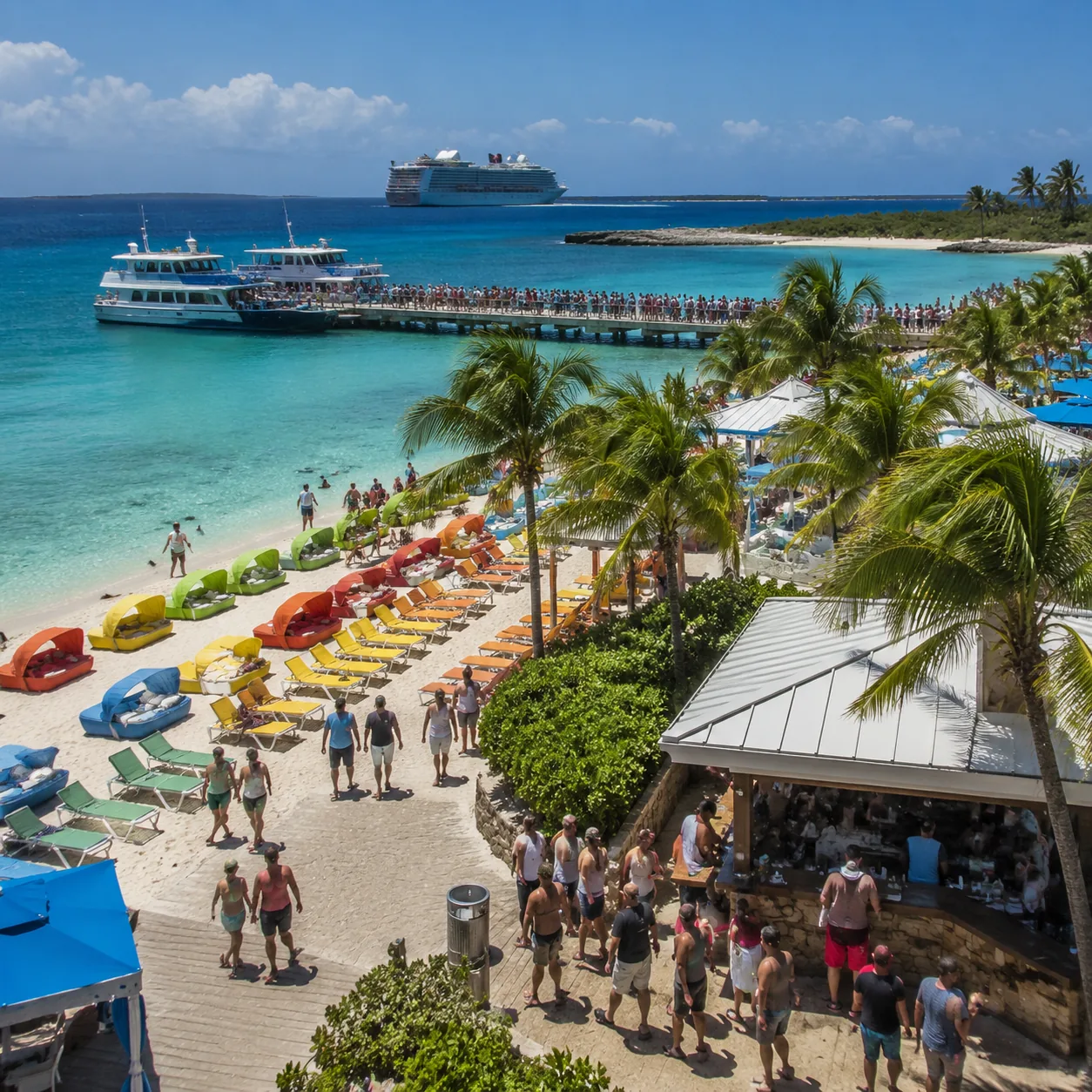 Norwegian Cruise Line private island in the Bahamas, beach buffet area, crowded tender pier, bright loungers and cabanas