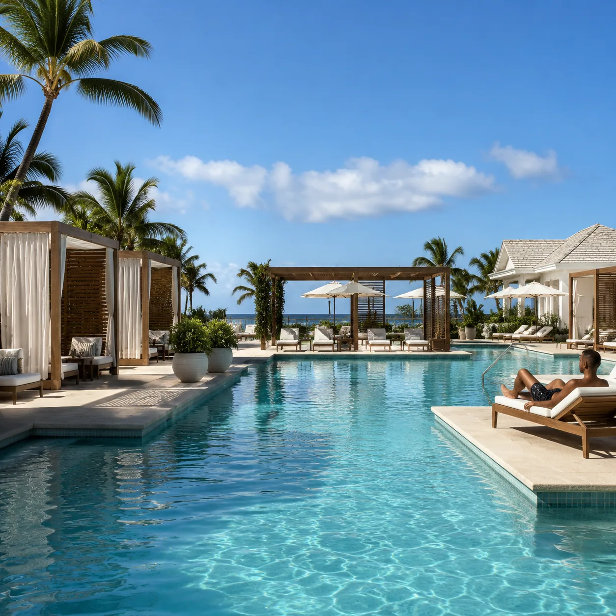 Square editorial photo of an expensive Barbados all-inclusive pool area with polished but sterile luxury design, quiet g
