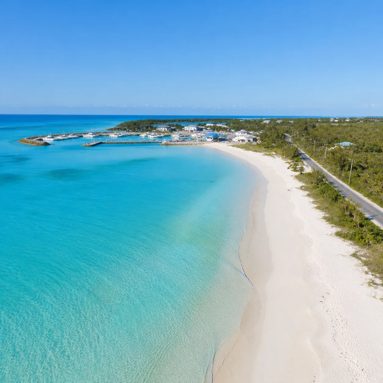 Great Harbour Cay Berry Islands Bahamas with long empty beach, small marina, low-key island road, clear shallow water