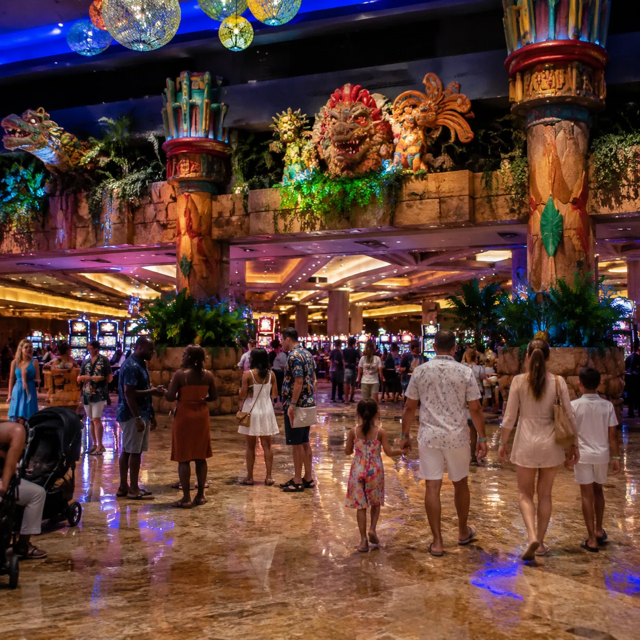 Square photo of a garish Punta Cana resort casino entrance and busy entertainment area, families with wristbands nearby,