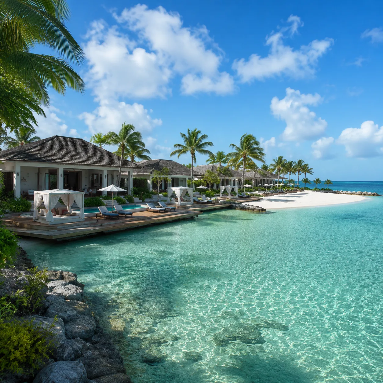 Upscale private villa enclave on a Bahamas cruise island, calm lagoon, cabanas, loungers, separate beach area
