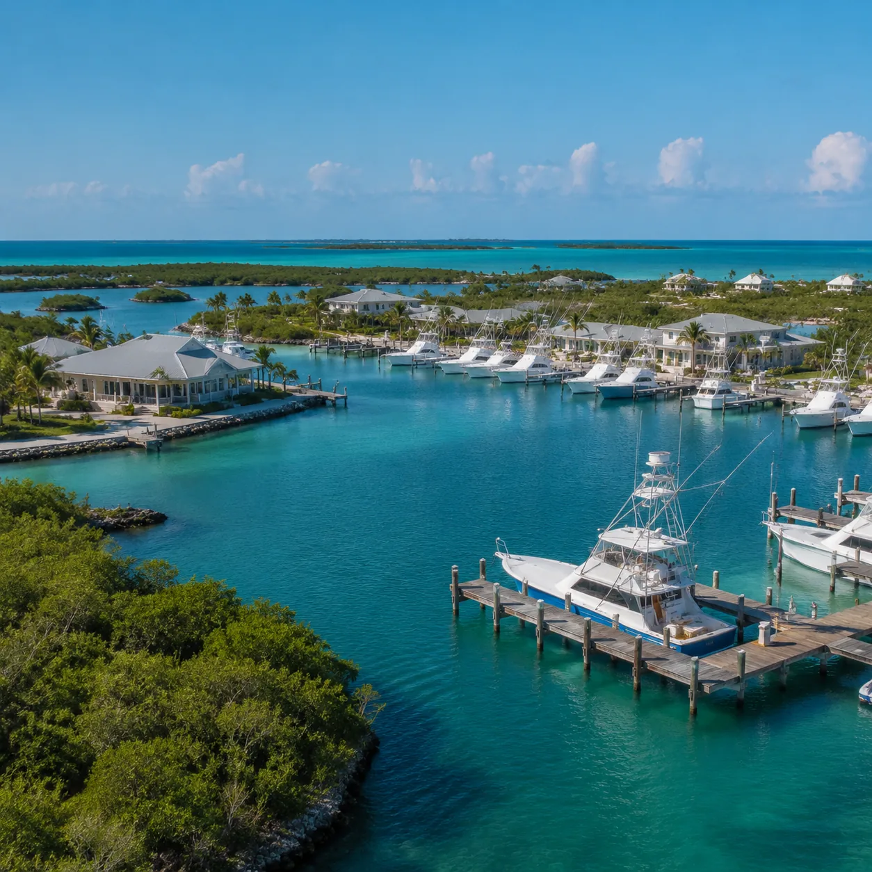 Chub Cay Berry Islands Bahamas marina with fishing boats, low resort buildings, blue water channels, clean tropical ligh