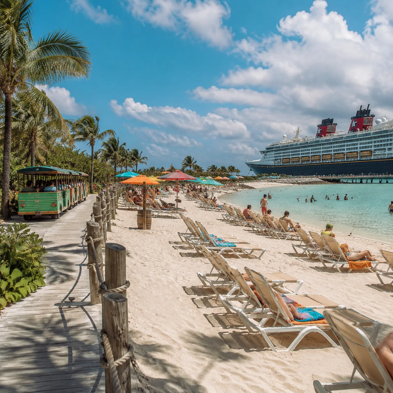 Disney private island beach in the Bahamas with family beach chairs, tram stop, barbecue lunch area, cruise ship docked