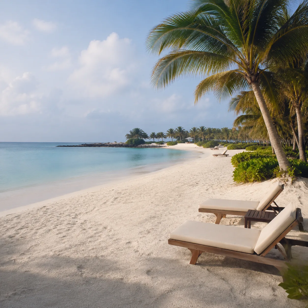 Quiet adults-only beach at a Disney private island in the Bahamas, sparse loungers, pale sand, calm water, soft tropical