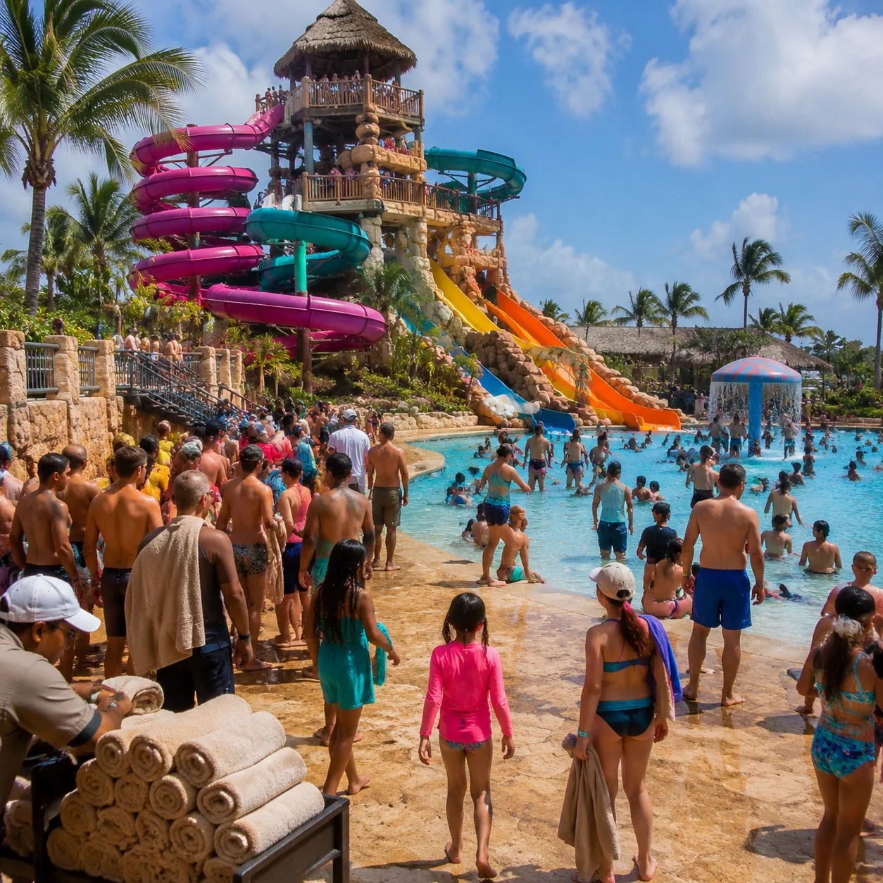 Square editorial travel photo of a chaotic Riviera Cancun waterpark all-inclusive, colorful slides, crowded family pool,