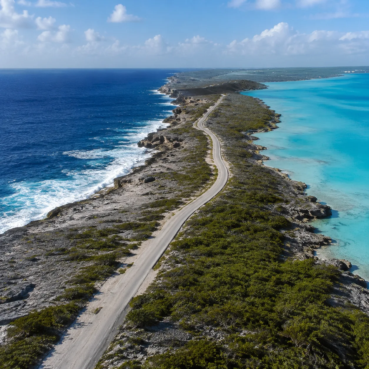 Eleuthera Bahamas Glass Window Bridge area with Atlantic waves and turquoise bay on opposite sides, rugged road, realist