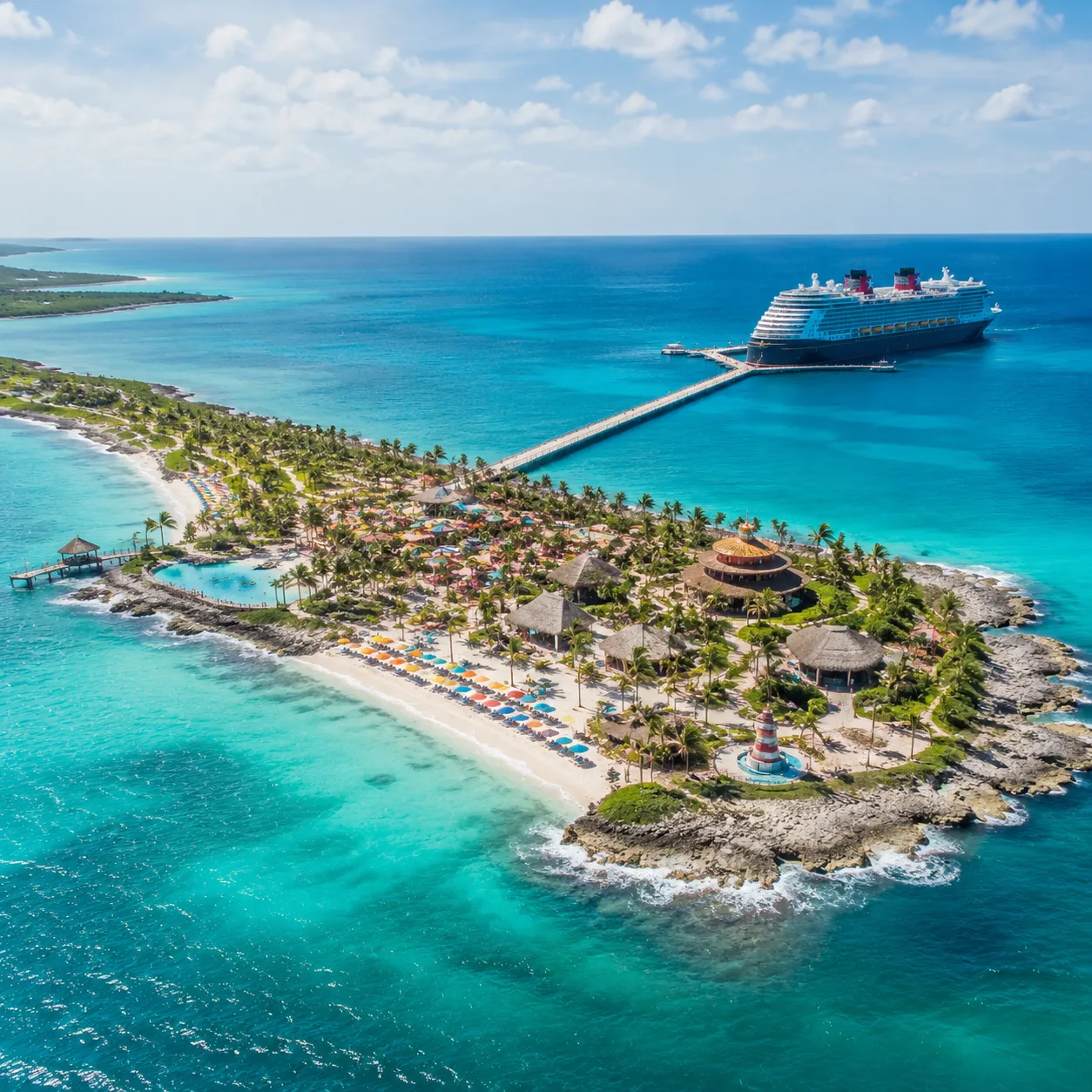 New Disney cruise destination on Eleuthera Bahamas, long pier, beach chairs, family areas, natural shoreline mixed with