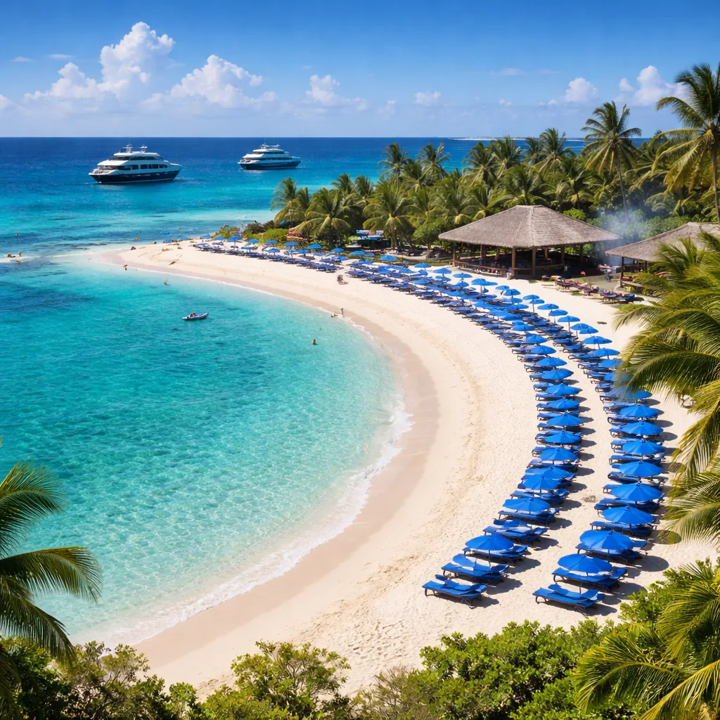 Holland America private island beach in the Bahamas with crescent white sand, barbecue lunch pavilion, tender boats offs