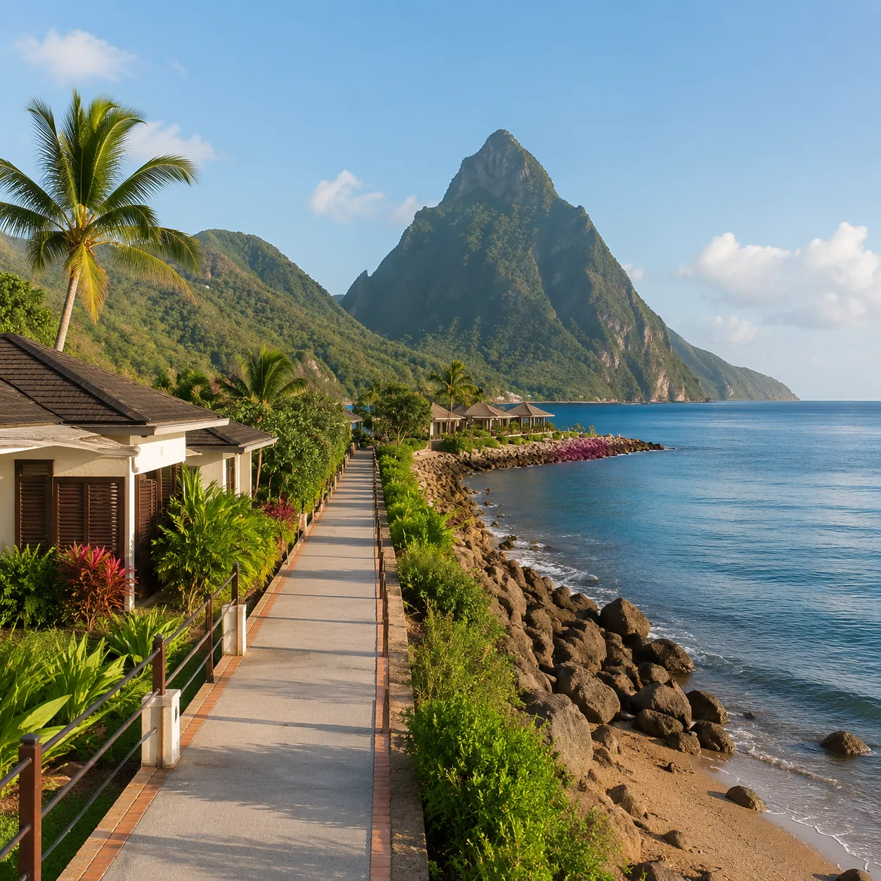 Square photo of a St Lucia all-inclusive resort on a narrow peninsula, dramatic green mountains in distance, small rocky
