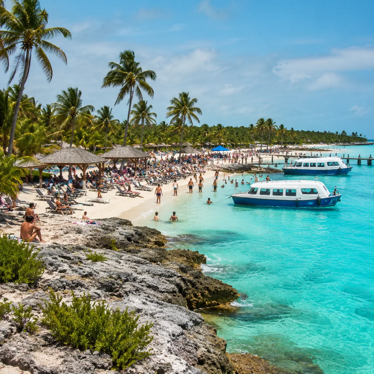 Princess Cays cruise resort area on Eleuthera Bahamas, tender boats, beach barbecue shelters, crowded loungers, rocky sh