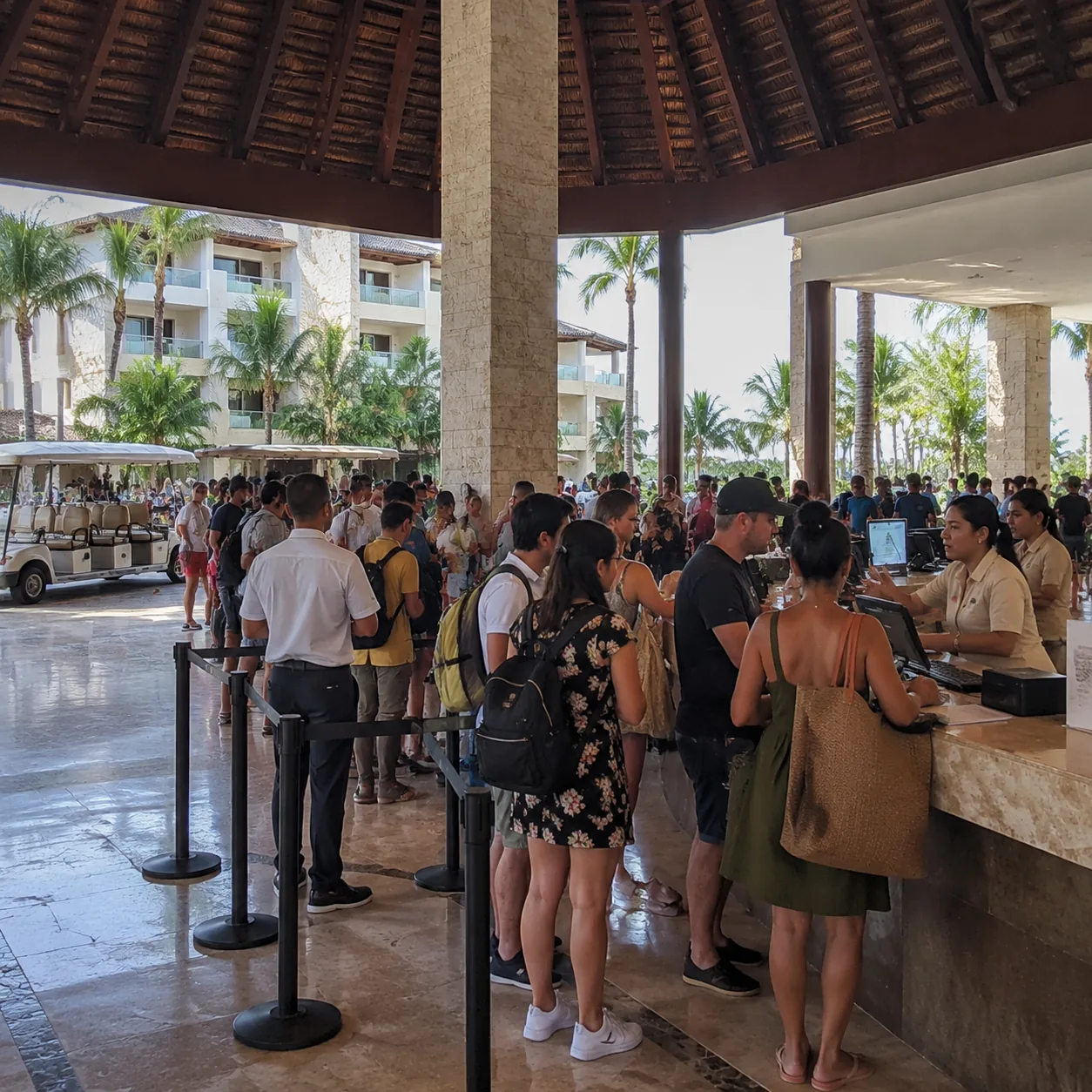 Square documentary photo of a giant Punta Cana resort with shuttle carts, hotel blocks, crowded lobby, guests being upso