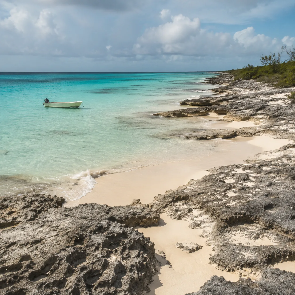 Crooked Island Bahamas remote beach with limestone shore, empty turquoise water, small fishing boat, soft natural light