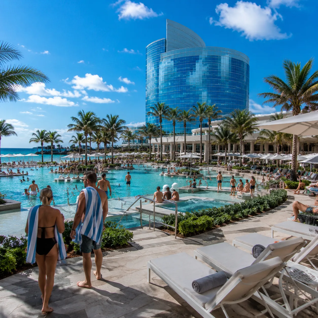 Large casino resort pool complex in Bimini Bahamas, cruise passengers with towels, beach club chairs, casino hotel tower