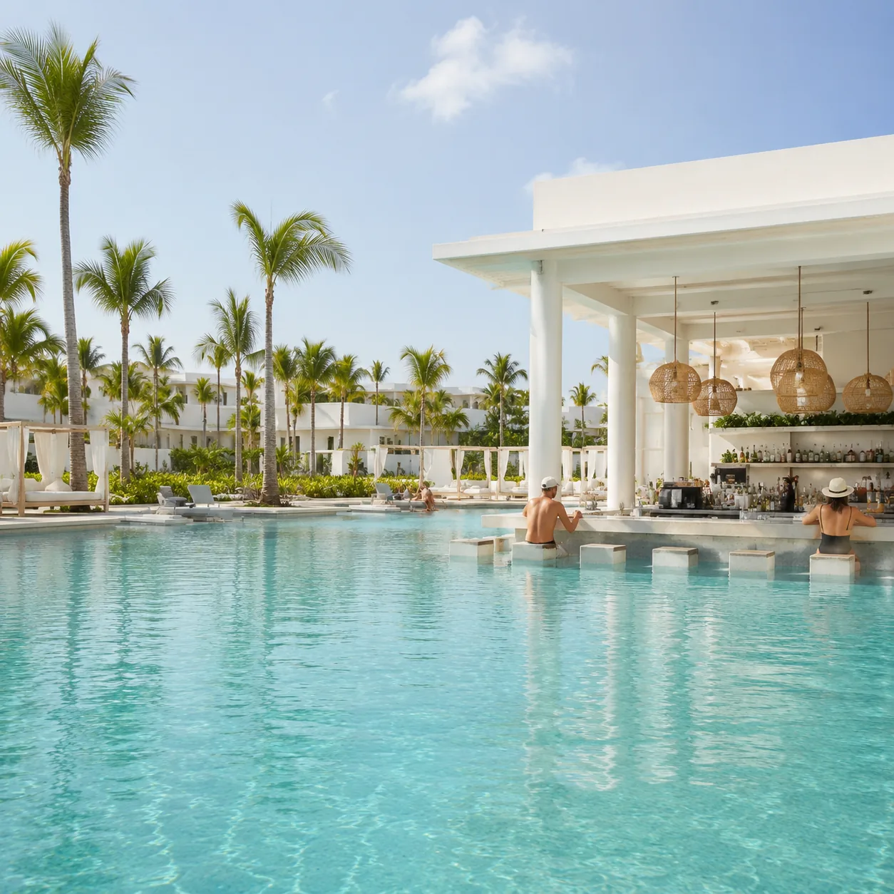 Square editorial travel photo of a sterile white adults-only Punta Cana luxury resort, expensive swim-up bar, quiet gues