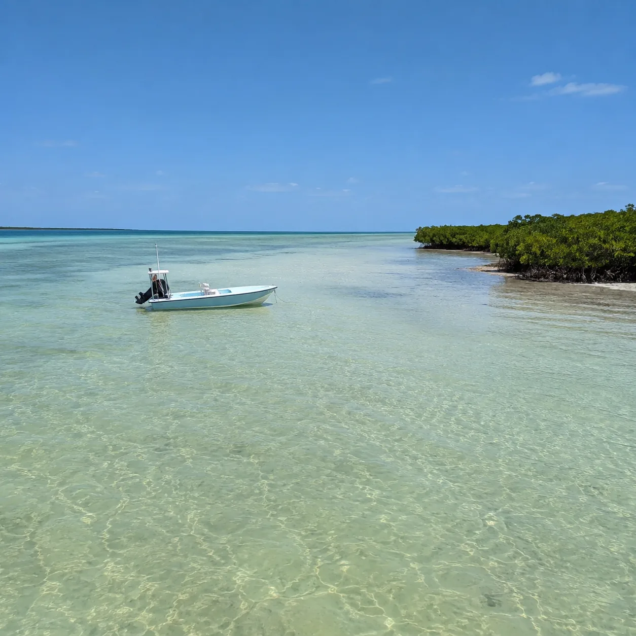 Acklins Bahamas bonefish flats with shallow clear water, mangroves, empty horizon, lone skiff