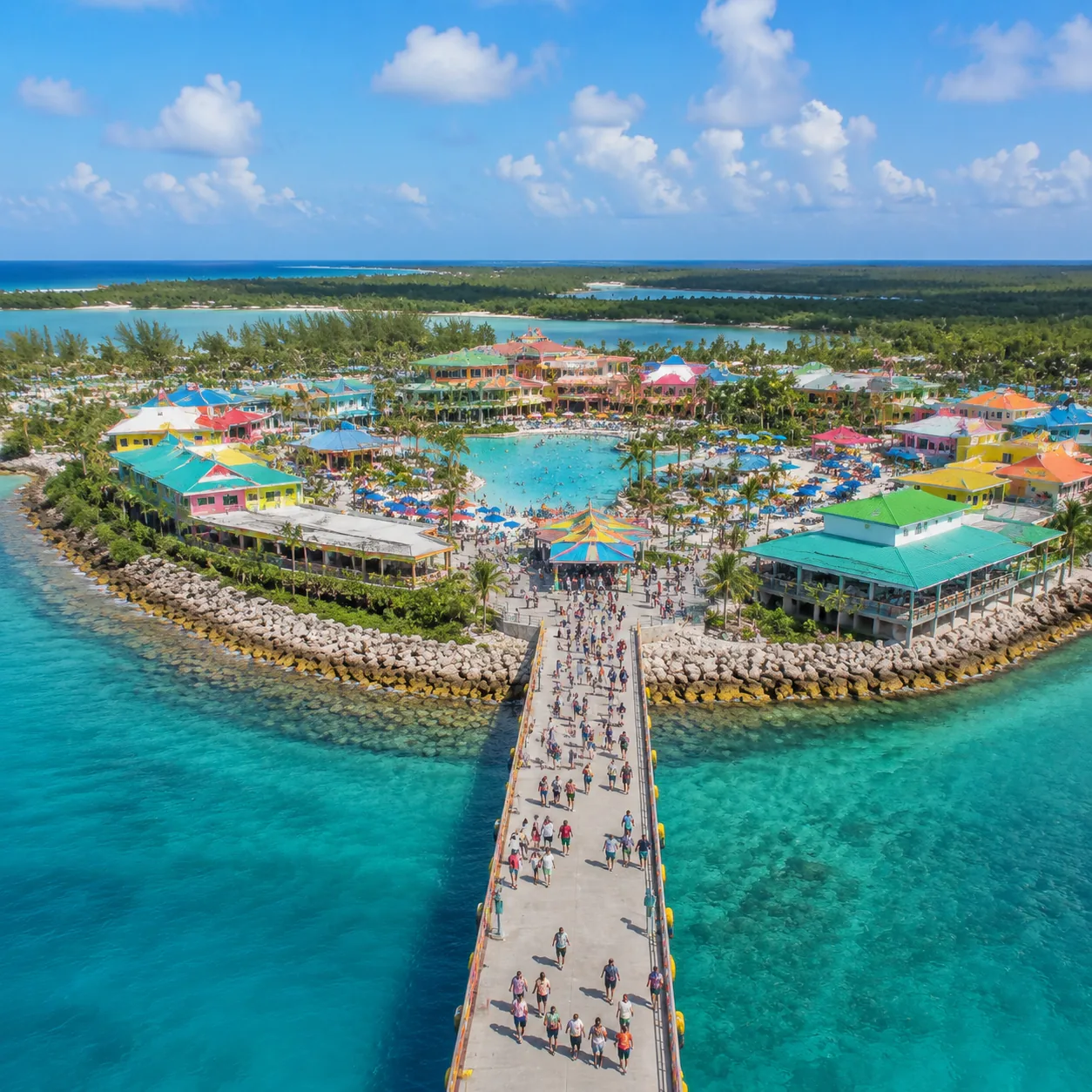 New Carnival private destination on Grand Bahama with large pools, lagoons, food hall area, cruise passengers walking fr