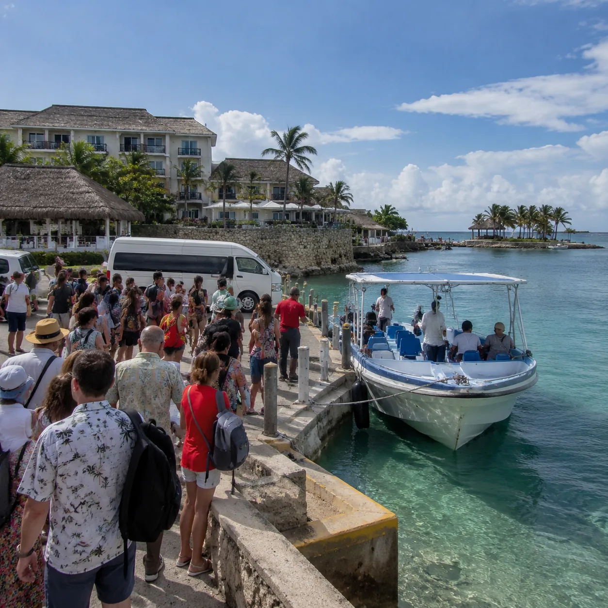 Square documentary travel photo of a Montego Bay all-inclusive resort with small offshore island boat dock, guests waiti
