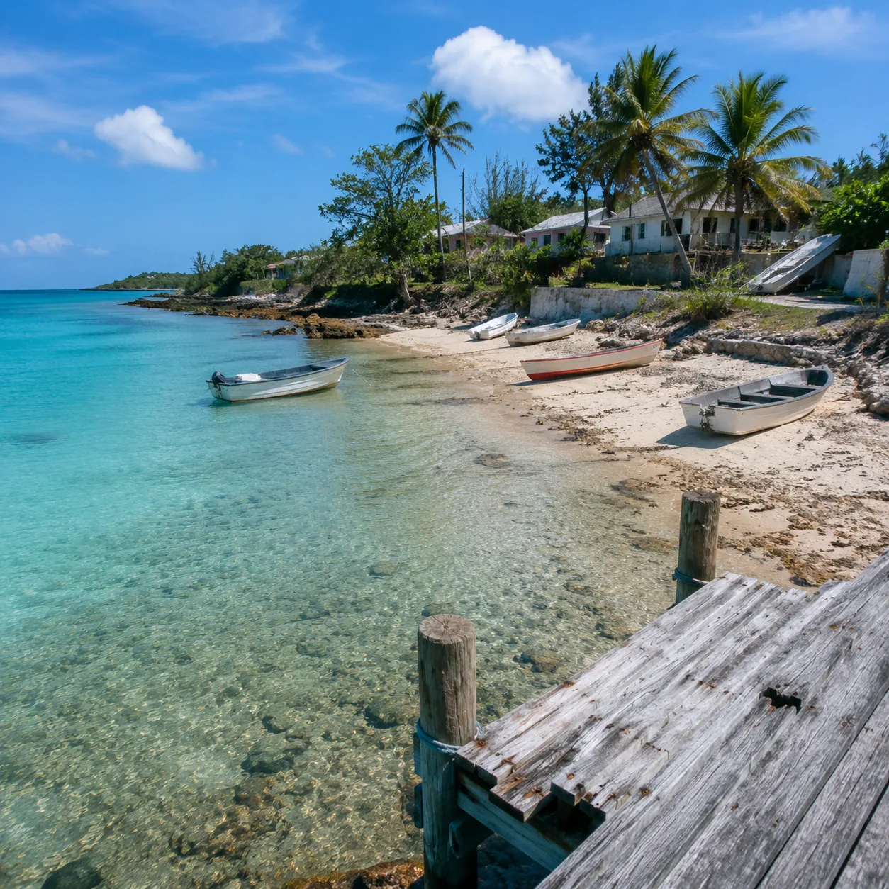 Rum Cay Bahamas quiet settlement beach with small boats, weathered dock, clear water, remote island mood