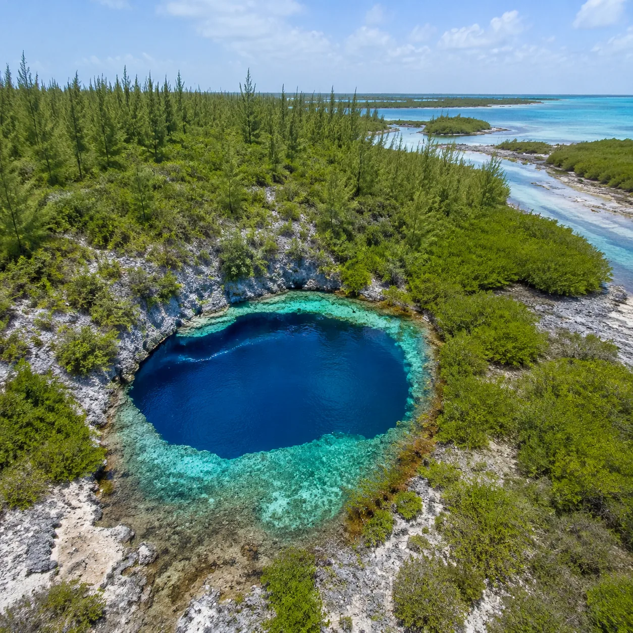 Andros Bahamas blue hole surrounded by pine forest and mangroves, wild island landscape, clear tropical light