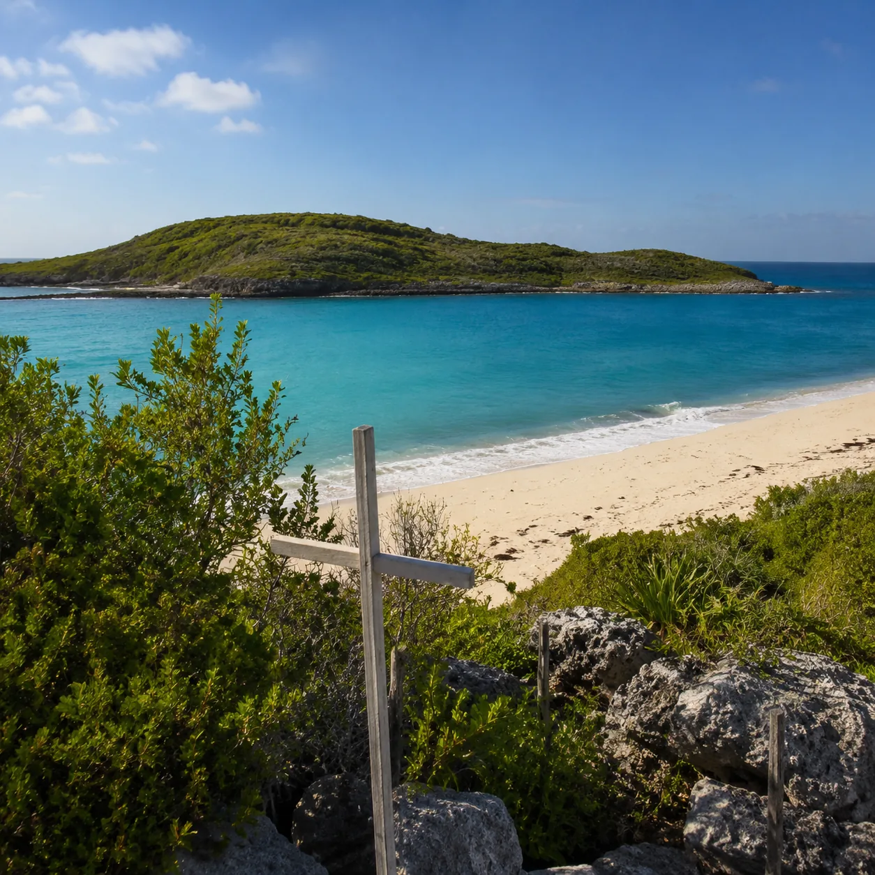Cat Island Bahamas Mount Alvernia hermitage hill with quiet beach and green island beyond, warm realistic light