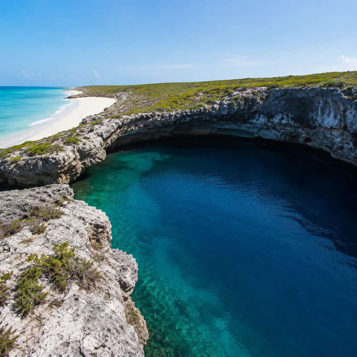 Long Island Bahamas Dean's Blue Hole with limestone cliffs, deep blue water, empty beach, natural tropical light
