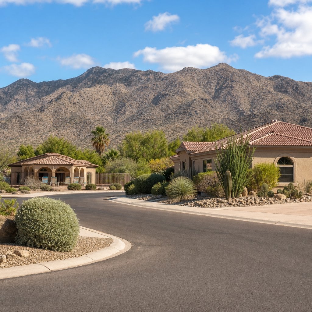Fresh square editorial real estate photo of a Southern Arizona retirement neighborhood in Green Valley with low desert homes,