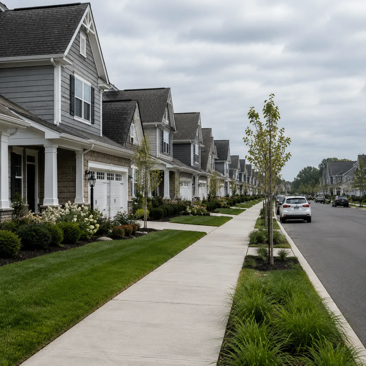 Realistic editorial photo of a high-end Long Island 55 plus community with modern townhomes, manicured sidewalks, parked
