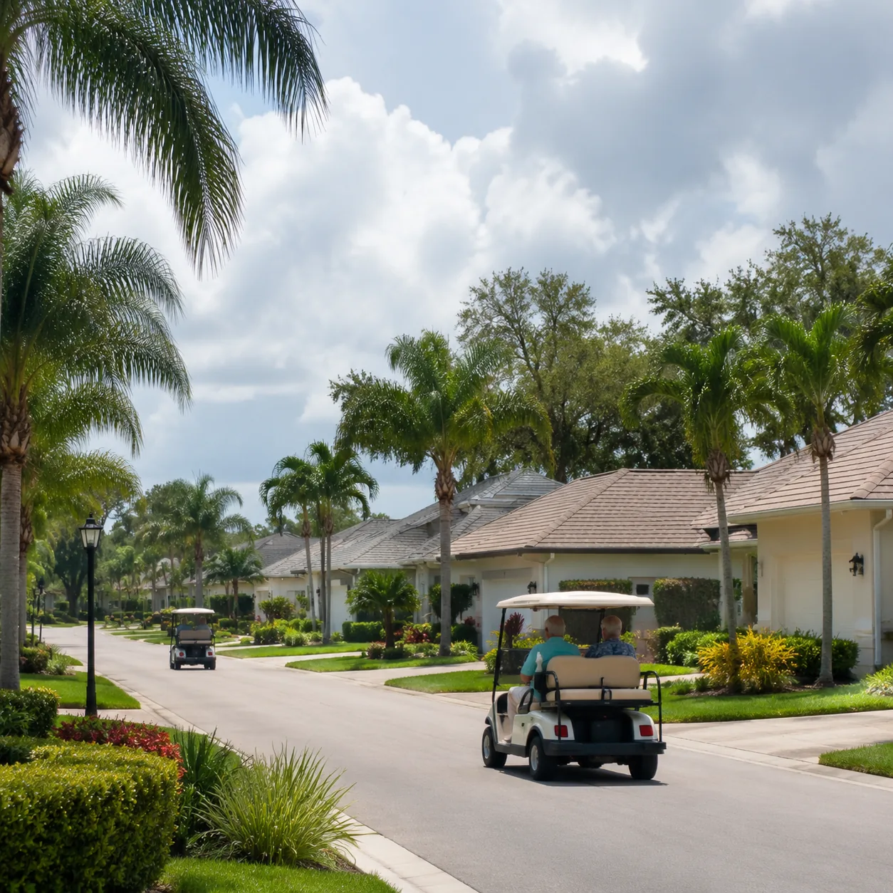 Realistic editorial photo of a large Central Florida retirement town with golf carts, neat single-story homes, wide road