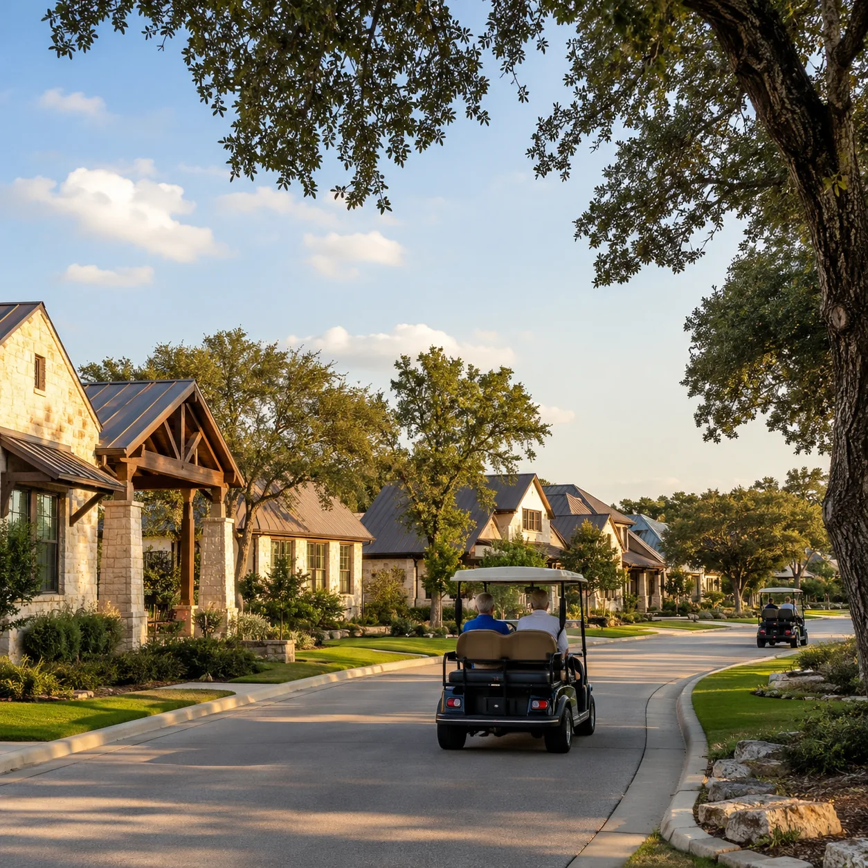 Realistic editorial photo of a large Georgetown Texas active adult community with limestone homes, golf carts, wide road